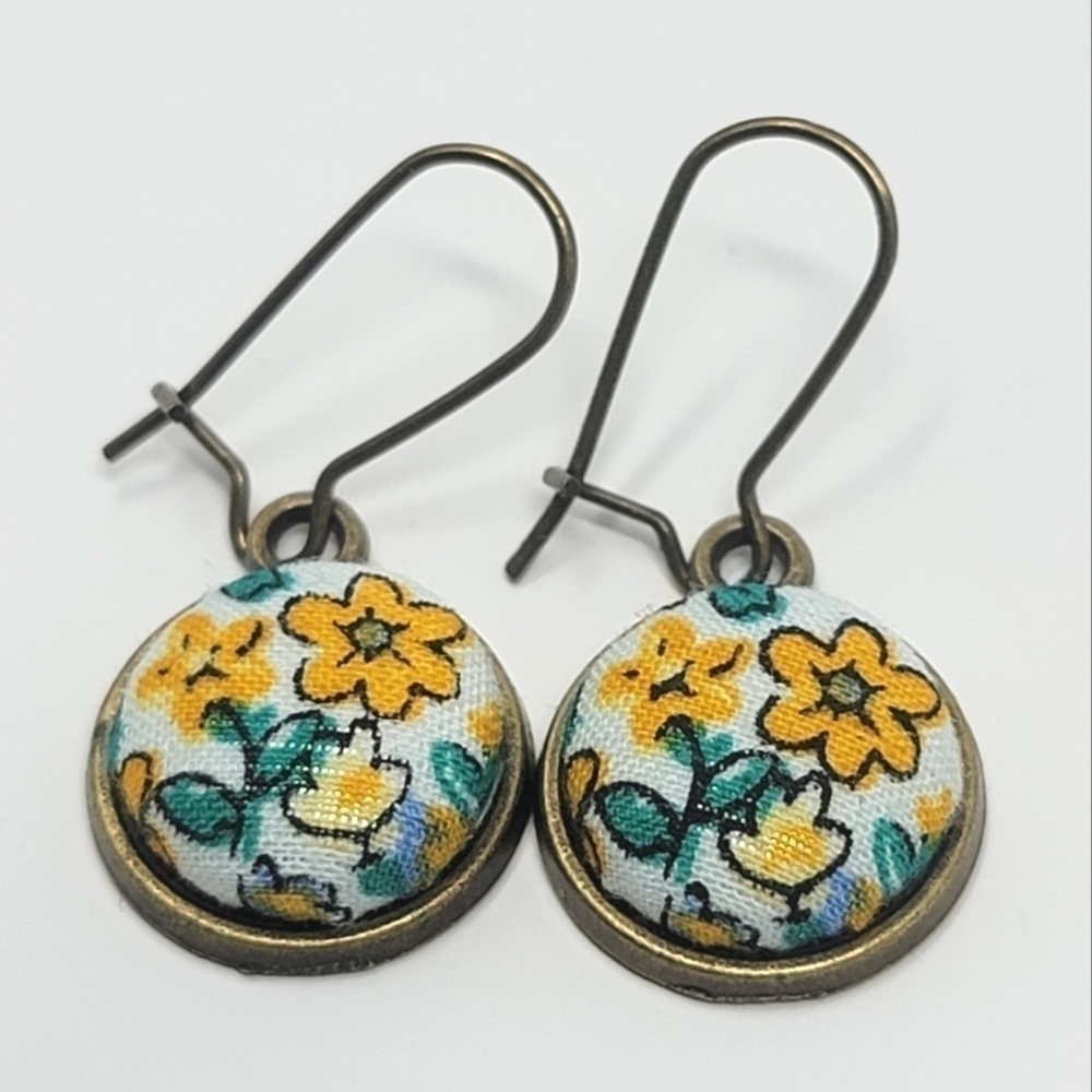 New Handmade | Yellow Floral Upcycled Fabric Button Earwire Dangle Earrings